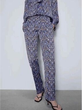 Zara Blue Multi Printed Straight-Leg Pants
